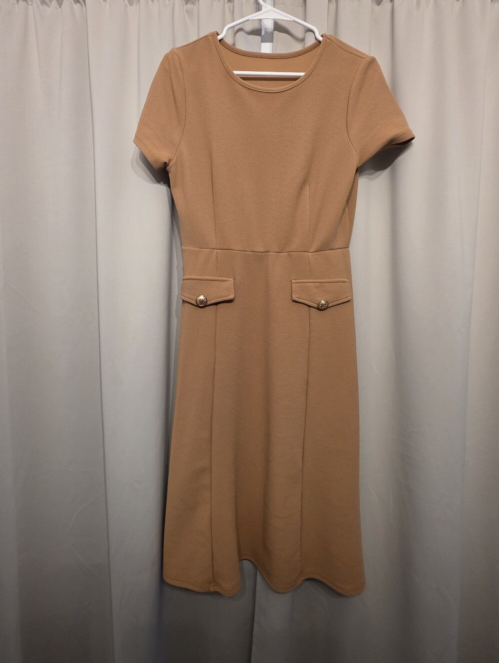 Shein Camel Midi Dress Gold Button Flap Pockets Sz L